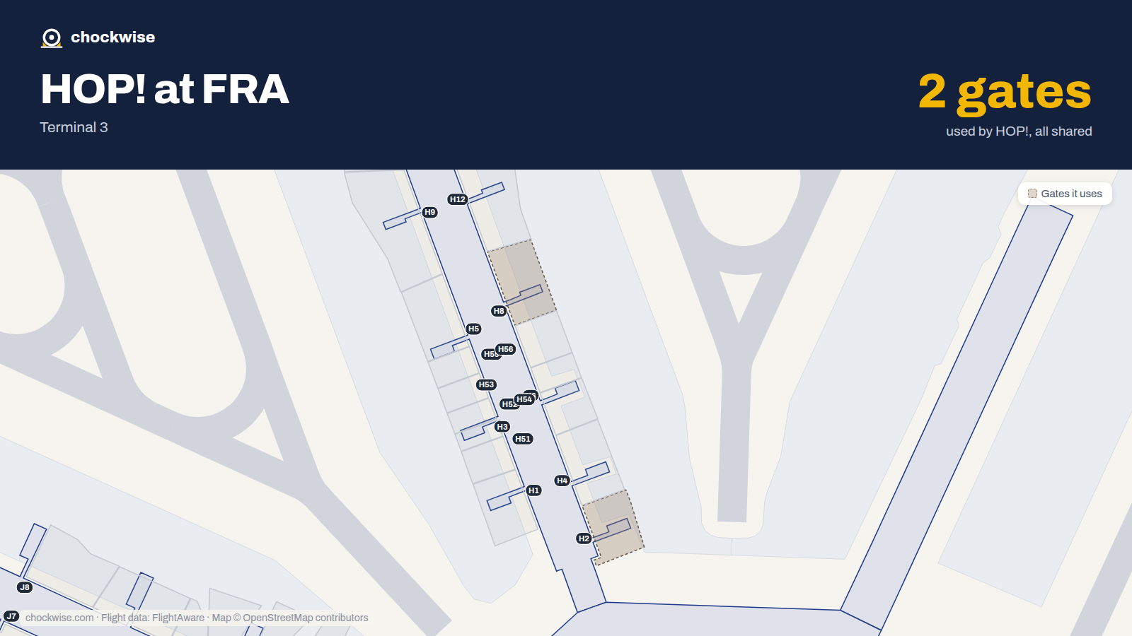 Map of FRA with the gates HOP! (Air France Hop) uses highlighted: H2 and H8.
