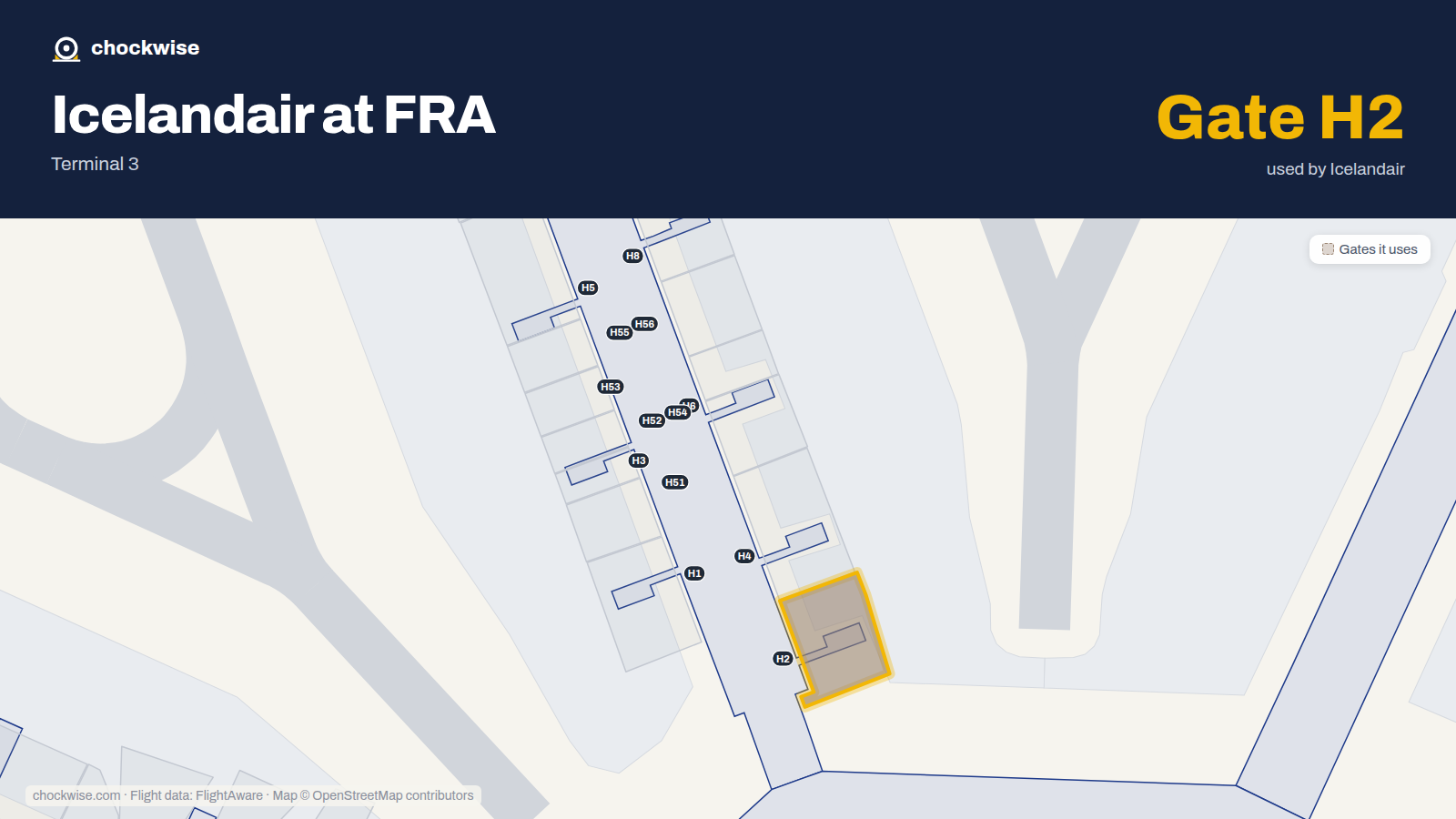 Map of FRA with the gates Icelandair uses highlighted: H2.