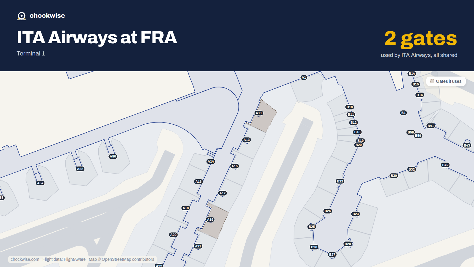 Map of FRA with the gates ITA Airways uses highlighted: A11 and A19.