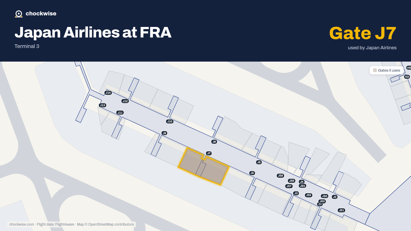 Map of FRA with the gates Japan Airlines uses highlighted: J7.