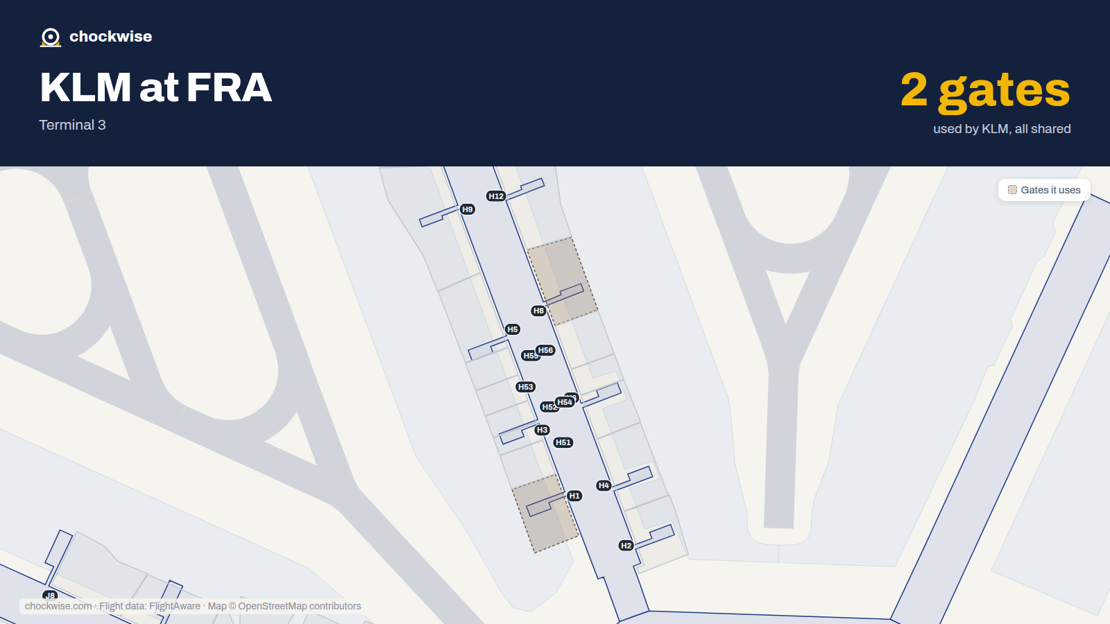 Map of FRA with the gates KLM uses highlighted: H1 and H8.