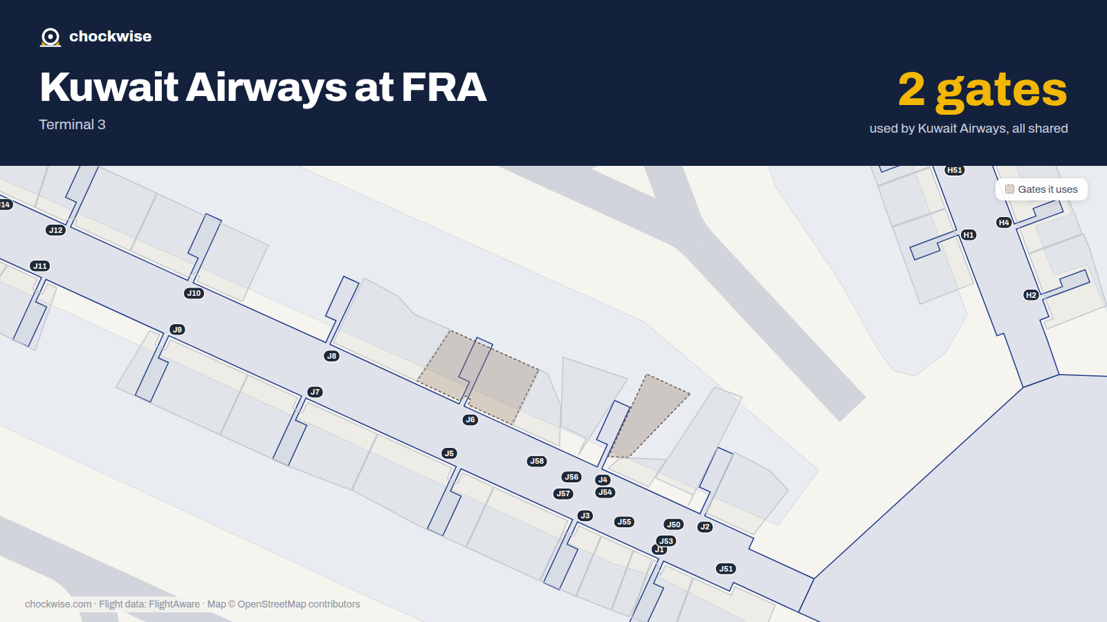 Map of FRA with the gates Kuwait Airways uses highlighted: J4 and J6.