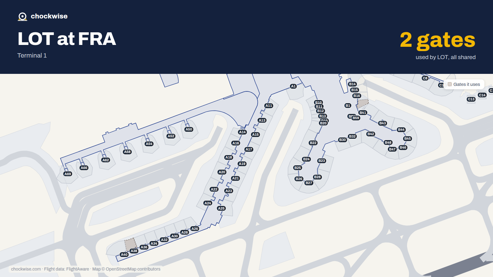 Map of FRA with the gates LOT Polish Airlines uses highlighted: B1 and A38.