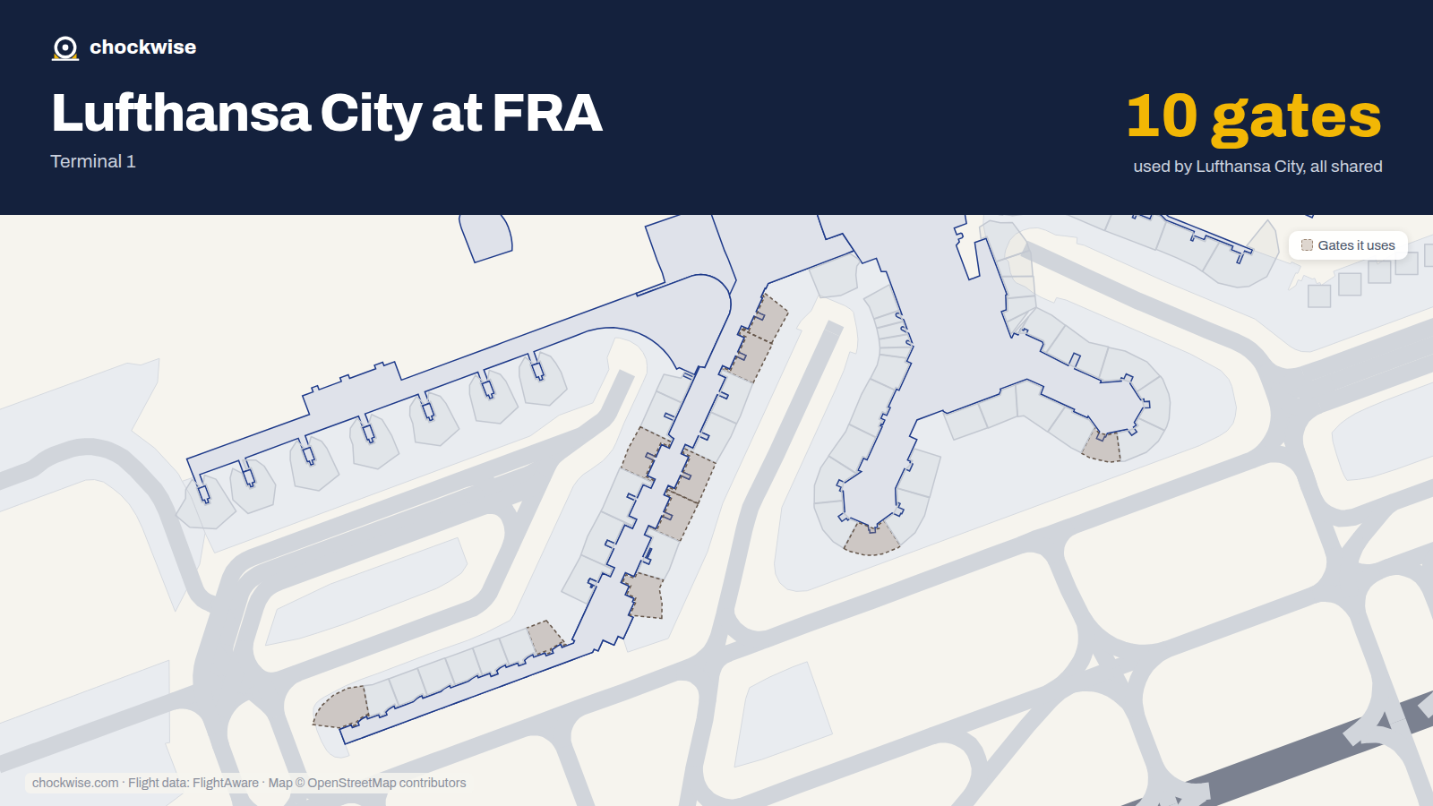 Map of FRA with the gates Lufthansa City Airlines uses highlighted: A11, A13, A18, A19, A21, A25, A26, B27 and 2 more.