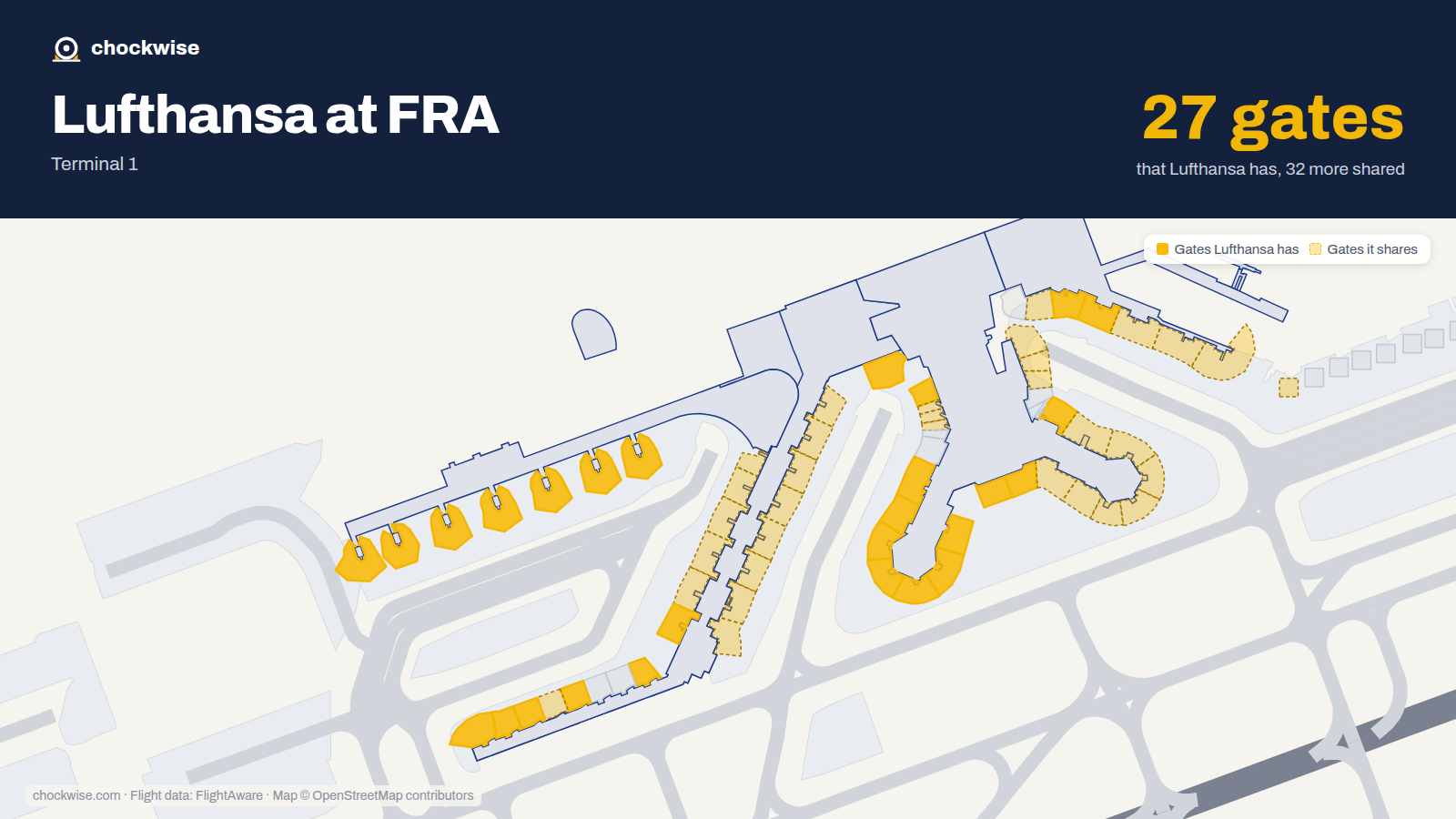 Map of FRA with the gates Lufthansa uses highlighted: A1, C4, C5, B10, B22, B23, A24, B24 and 19 more.