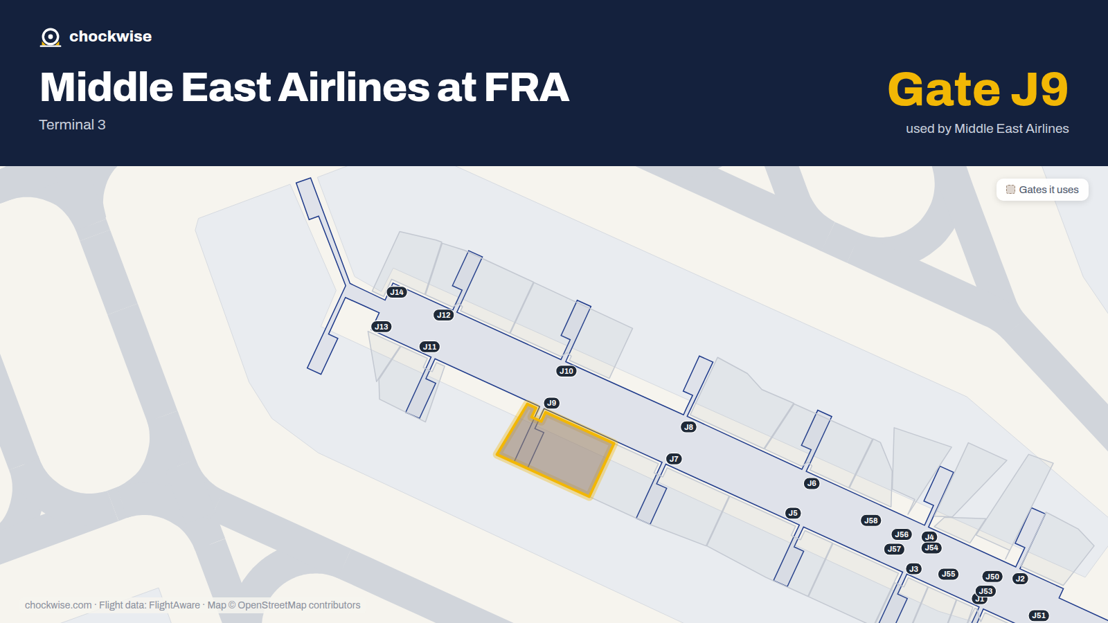 Map of FRA with the gates Middle East Airlines uses highlighted: J9.
