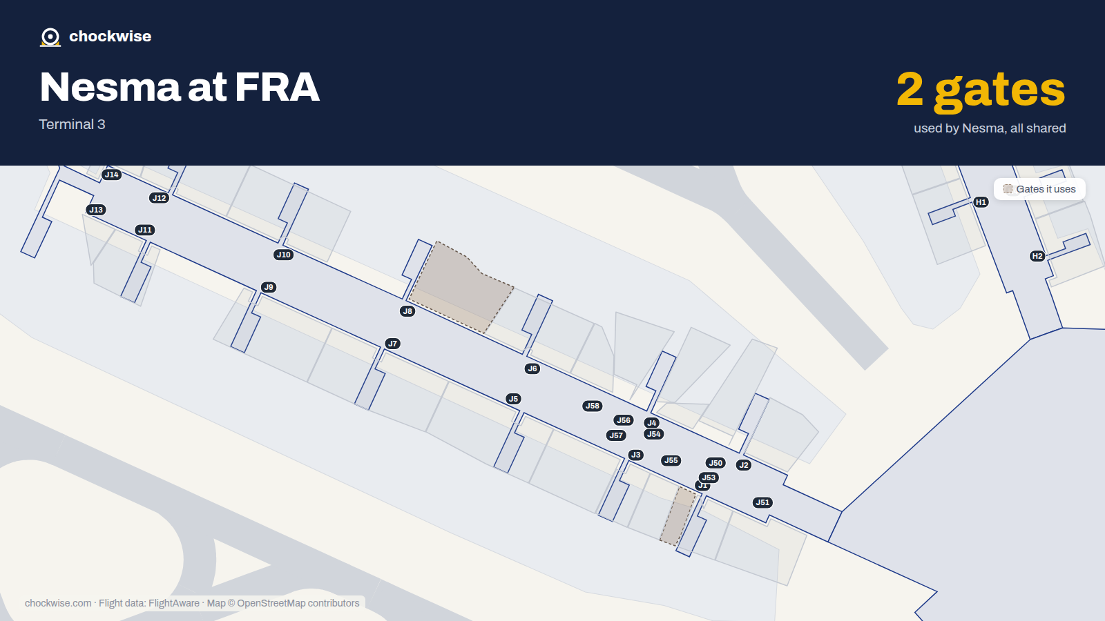 Map of FRA with the gates Nesma Airlines uses highlighted: J1 and J8.
