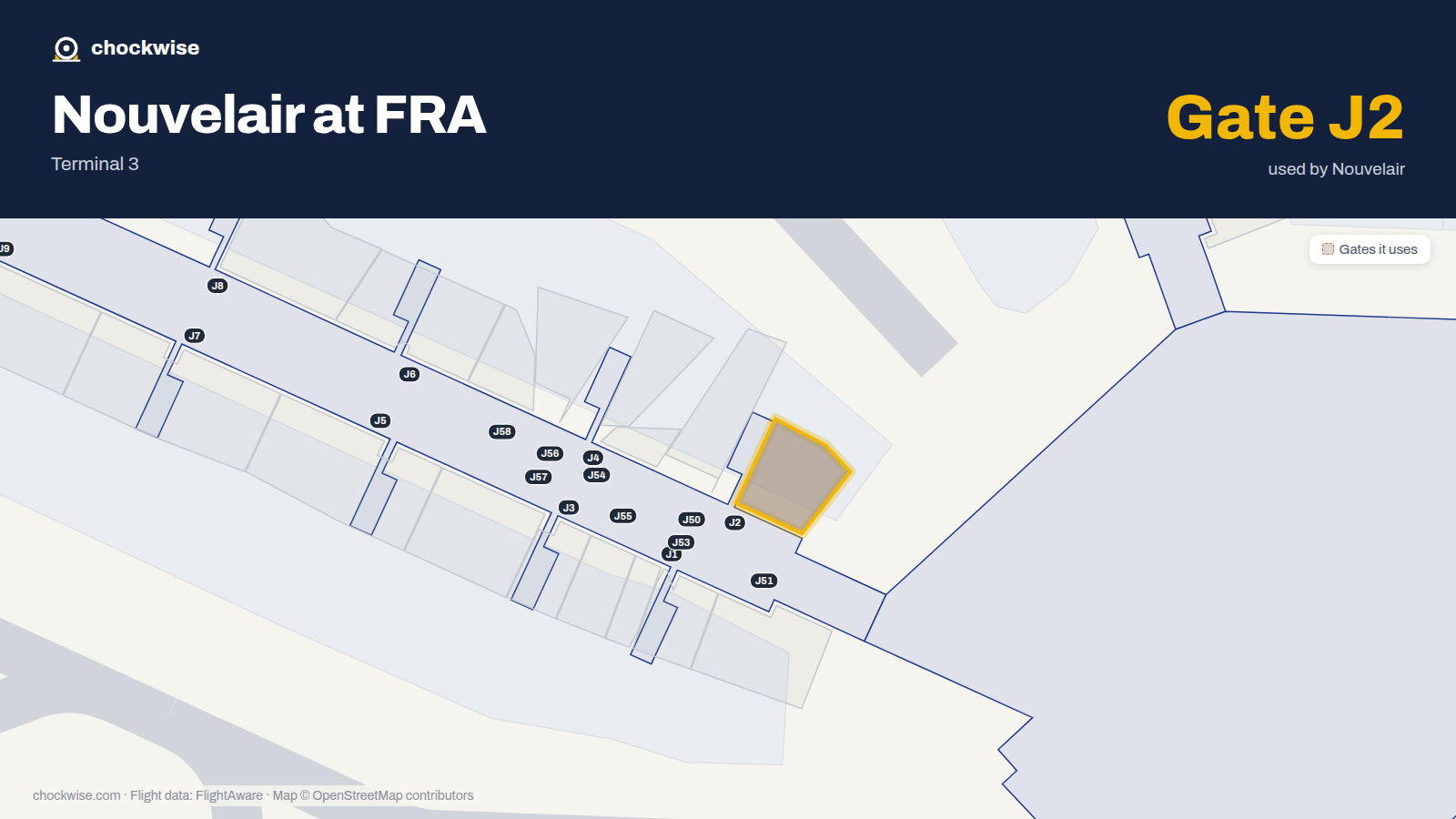 Map of FRA with the gates Nouvelair uses highlighted: J2.