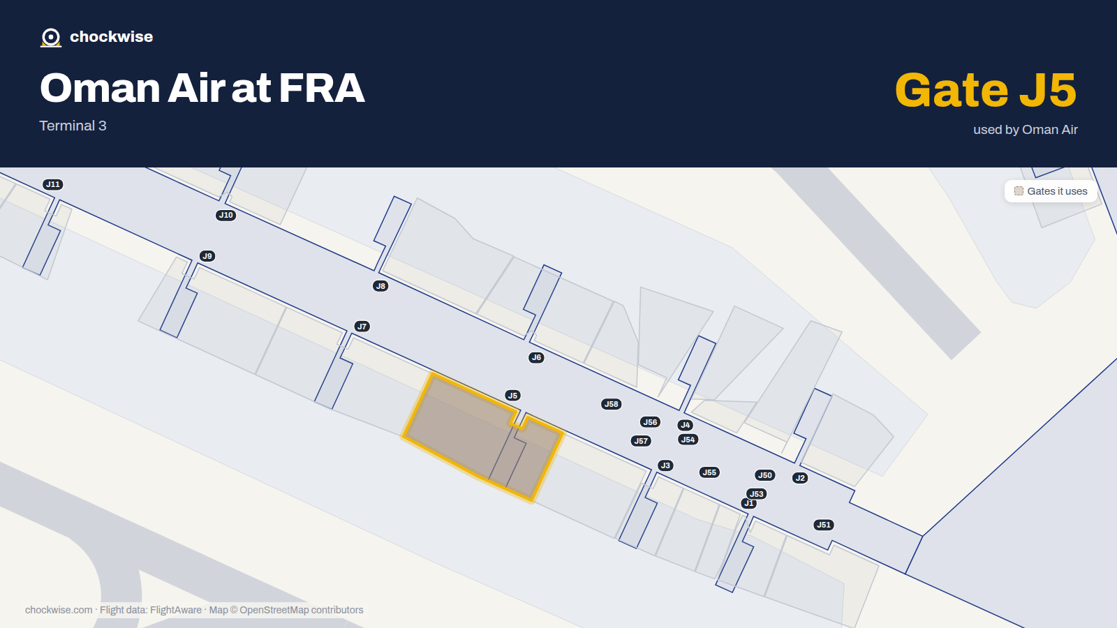 Map of FRA with the gates Oman Air uses highlighted: J5.