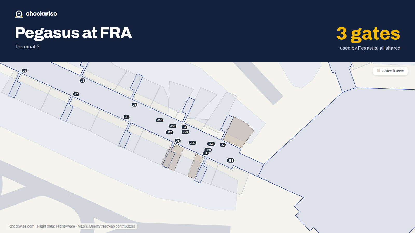 Map of FRA with the gates Pegasus Airlines uses highlighted: J1, J2 and J3.