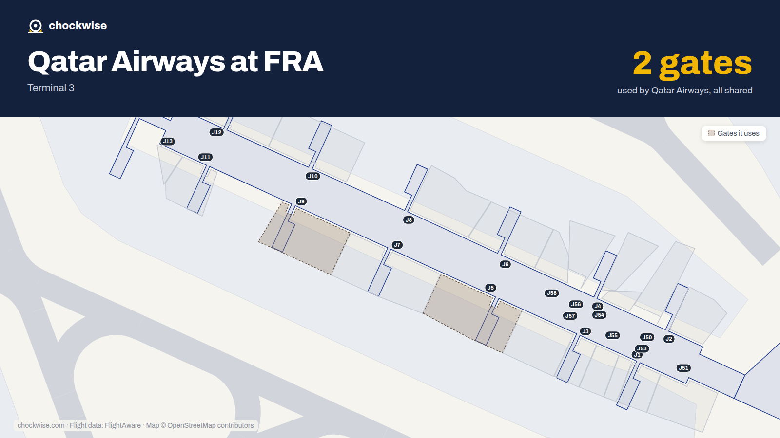 Map of FRA with the gates Qatar Airways uses highlighted: J5 and J9.