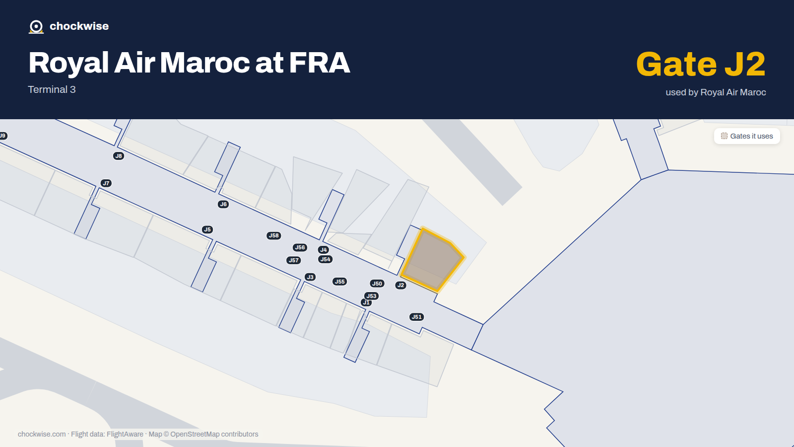 Map of FRA with the gates Royal Air Maroc uses highlighted: J2.