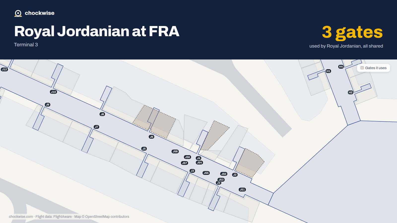 Map of FRA with the gates Royal Jordanian uses highlighted: J2, J4 and J6.