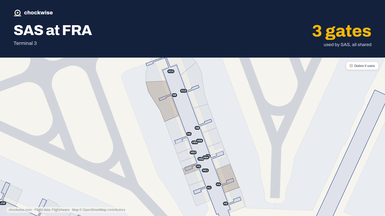 Map of FRA with the gates SAS Scandinavian Airlines uses highlighted: H3, H4 and H9.