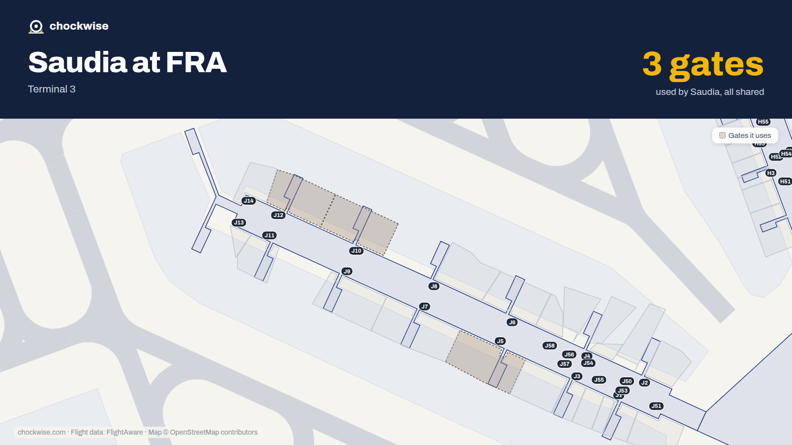 Map of FRA with the gates Saudia uses highlighted: J5, J10 and J12.