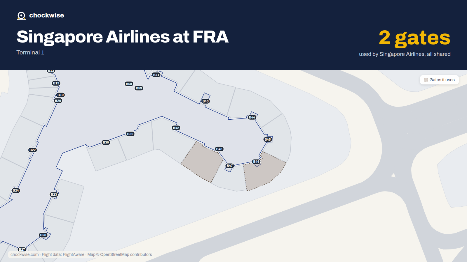 Map of FRA with the gates Singapore Airlines uses highlighted: B46 and B48.