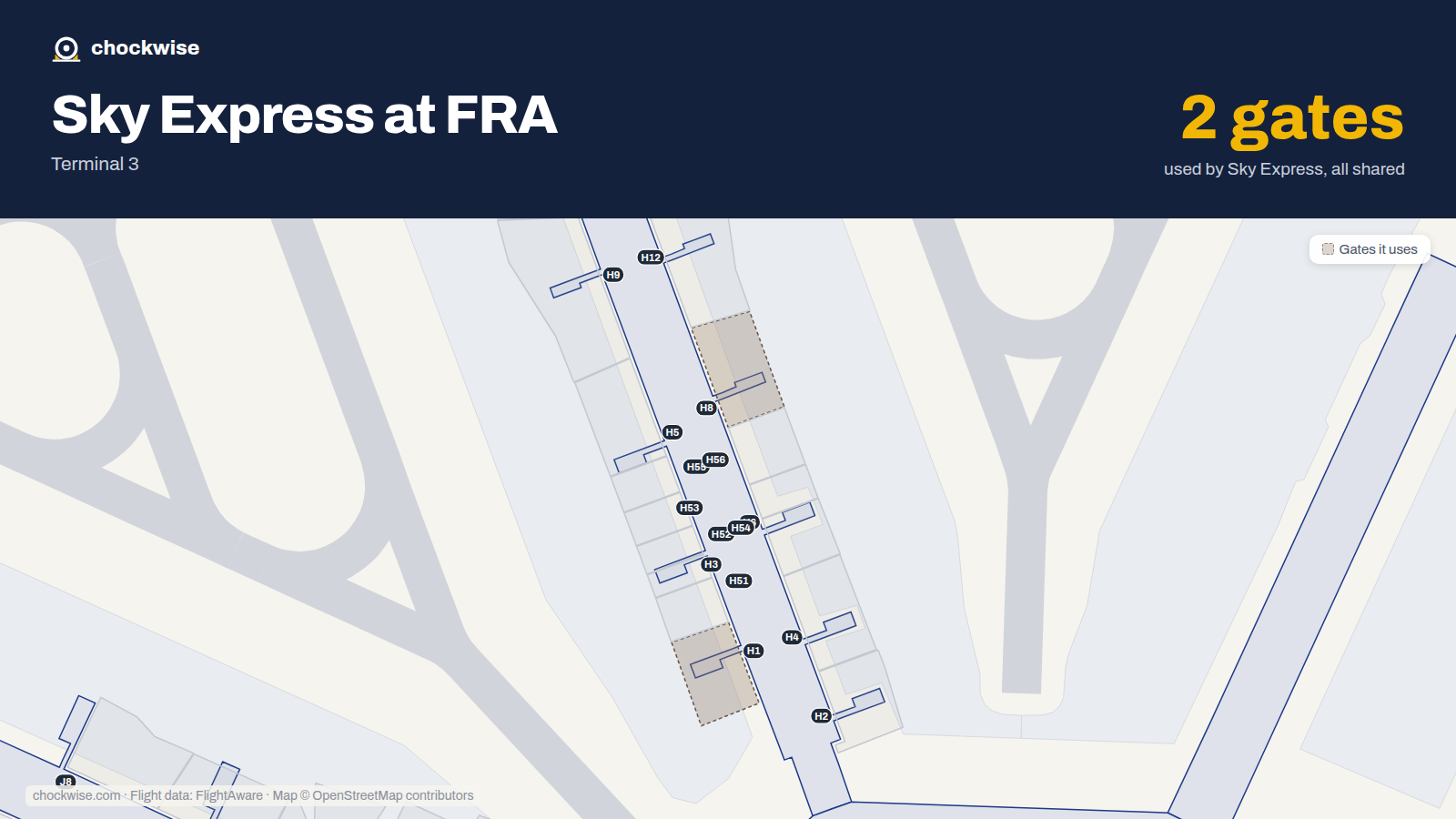 Map of FRA with the gates Sky Express uses highlighted: H1 and H8.
