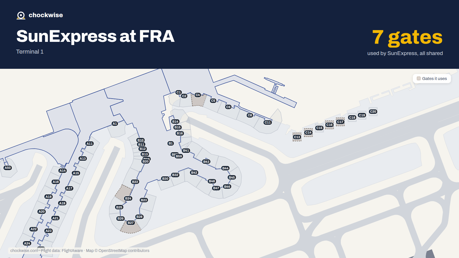 Map of FRA with the gates SunExpress uses highlighted: C4, C13, C14, C16, C17, B24 and B27.