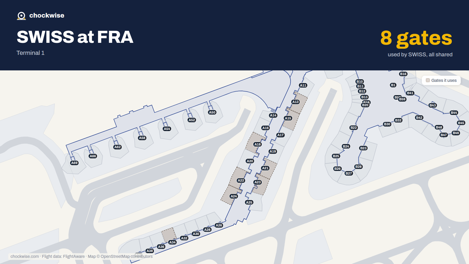 Map of FRA with the gates SWISS uses highlighted: A13, A15, A18, A21, A22, A23, A24 and A34.