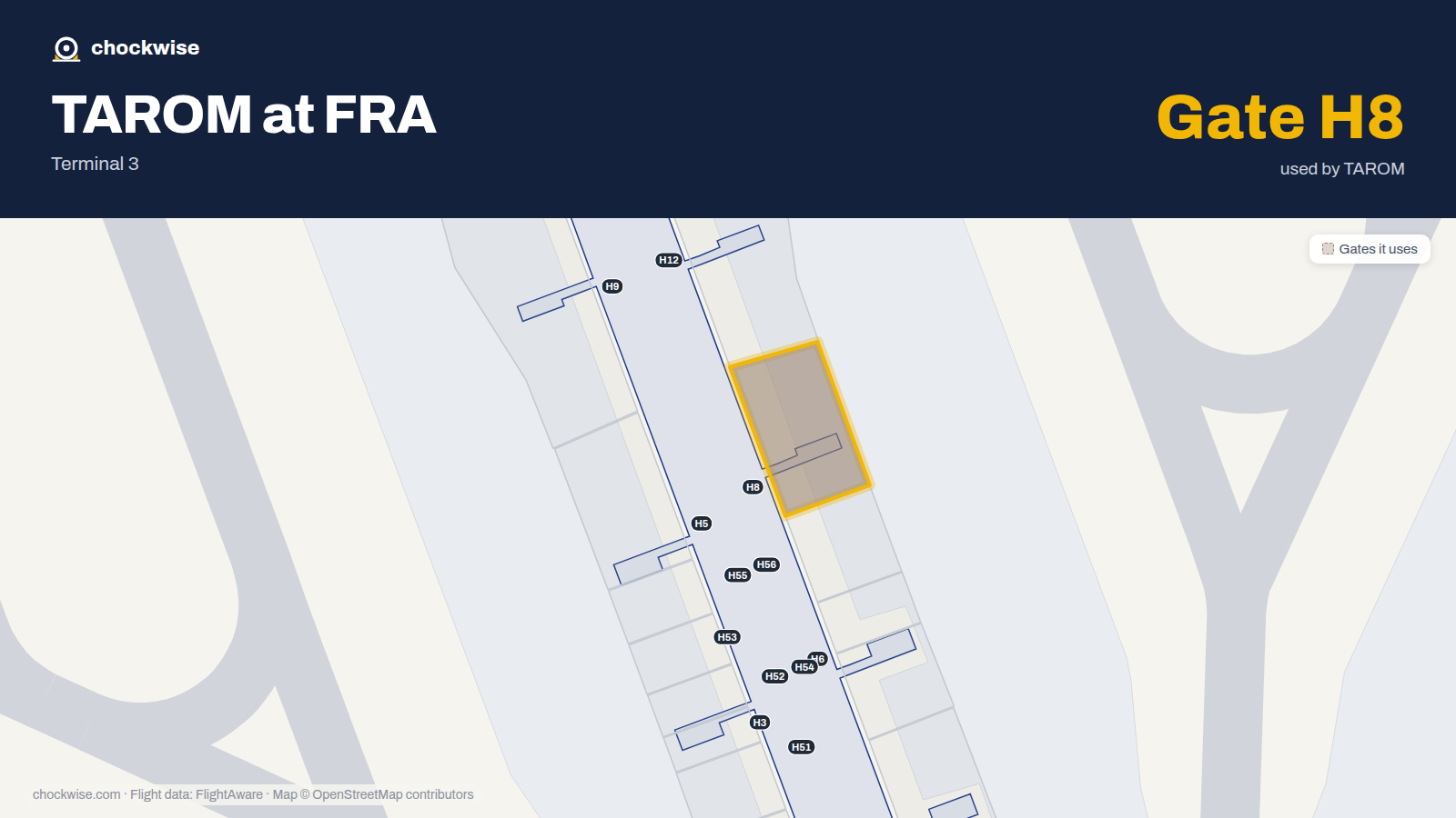 Map of FRA with the gates TAROM uses highlighted: H8.