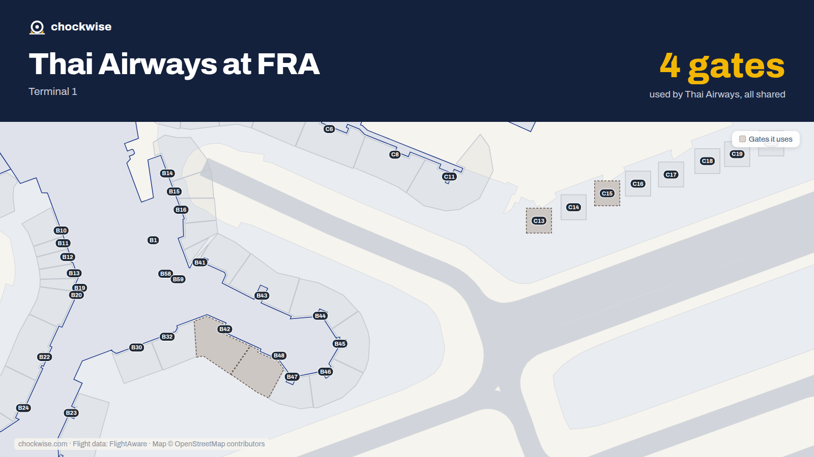Map of FRA with the gates Thai Airways uses highlighted: C13, C15, B42 and B48.