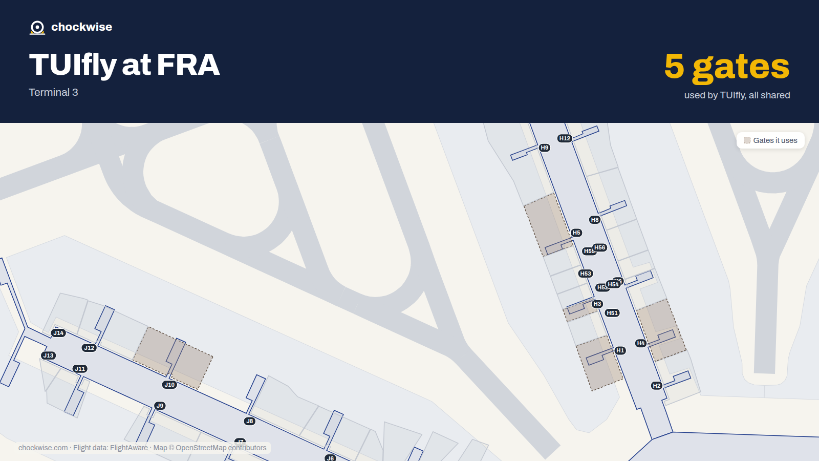 Map of FRA with the gates TUIfly uses highlighted: H1, H3, H4, H5 and J10.