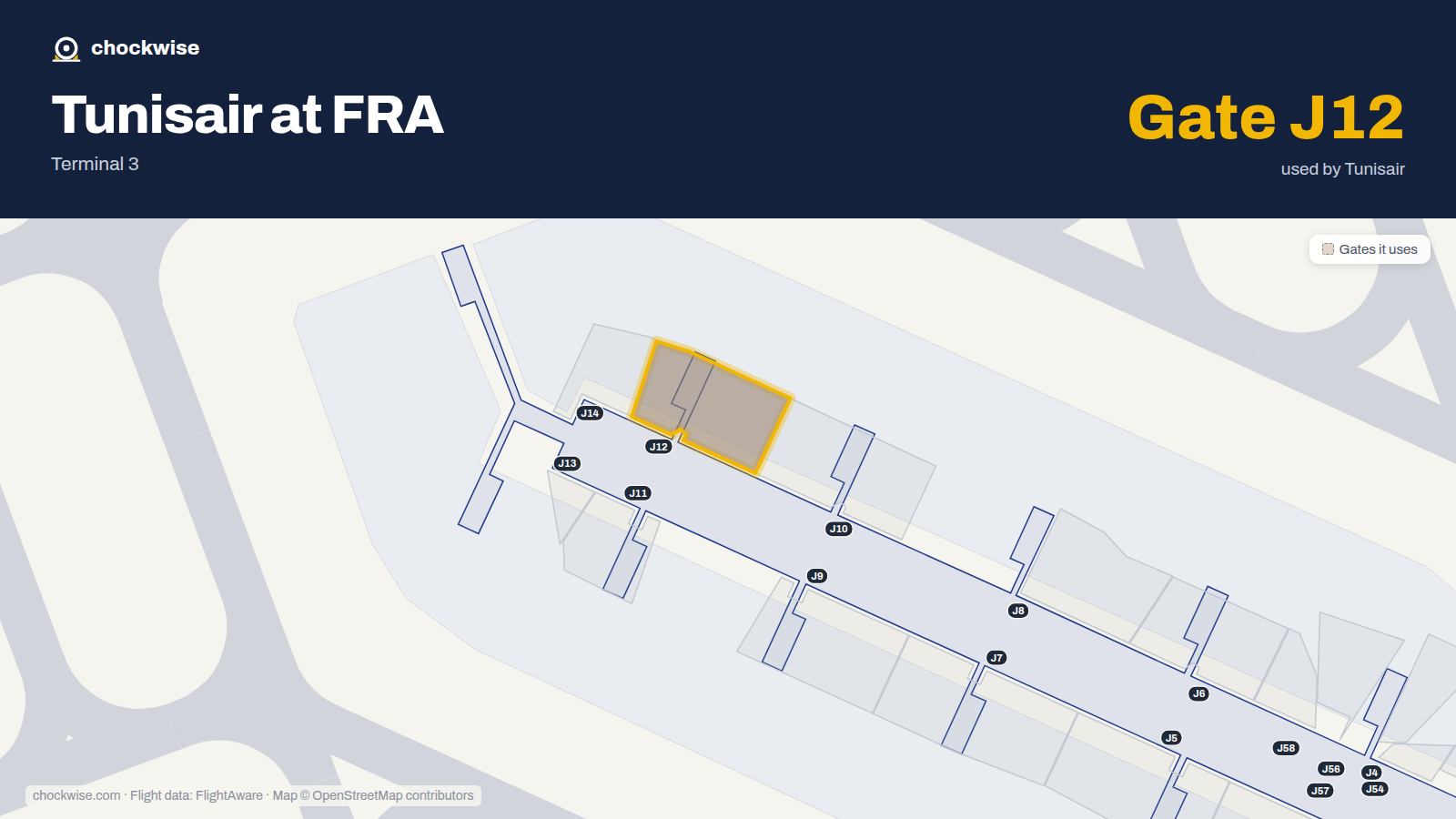 Map of FRA with the gates Tunisair uses highlighted: J12.