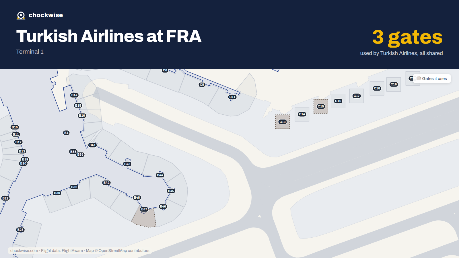 Map of FRA with the gates Turkish Airlines uses highlighted: C13, C15 and B47.