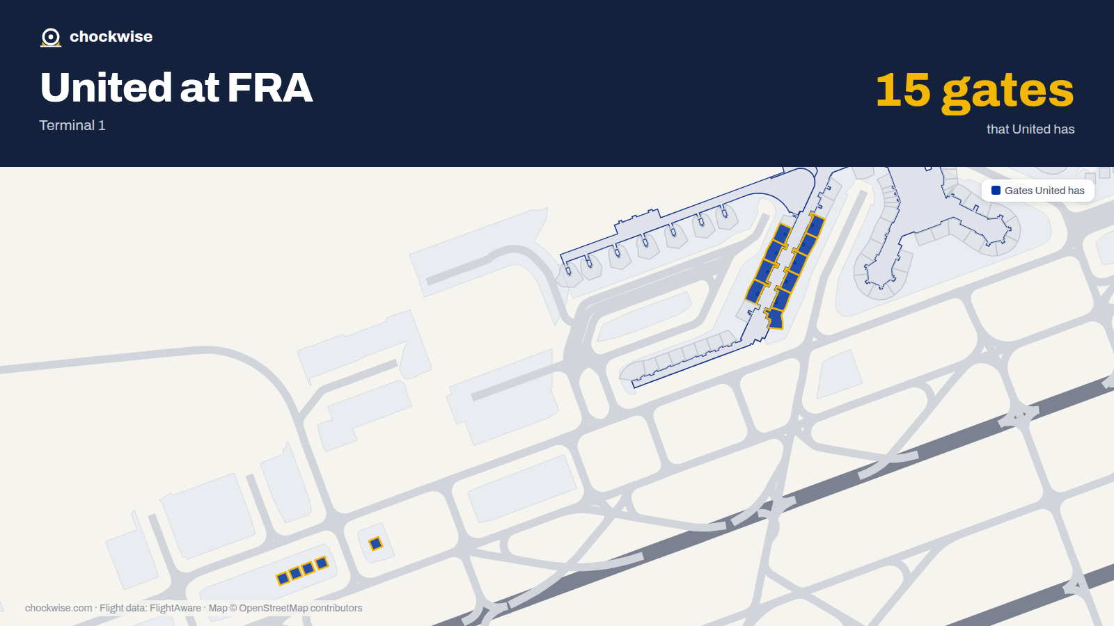 Map of FRA with the gates United Airlines uses highlighted: A15, A16, A17, A18, A19, A20, A21, A22 and 7 more.