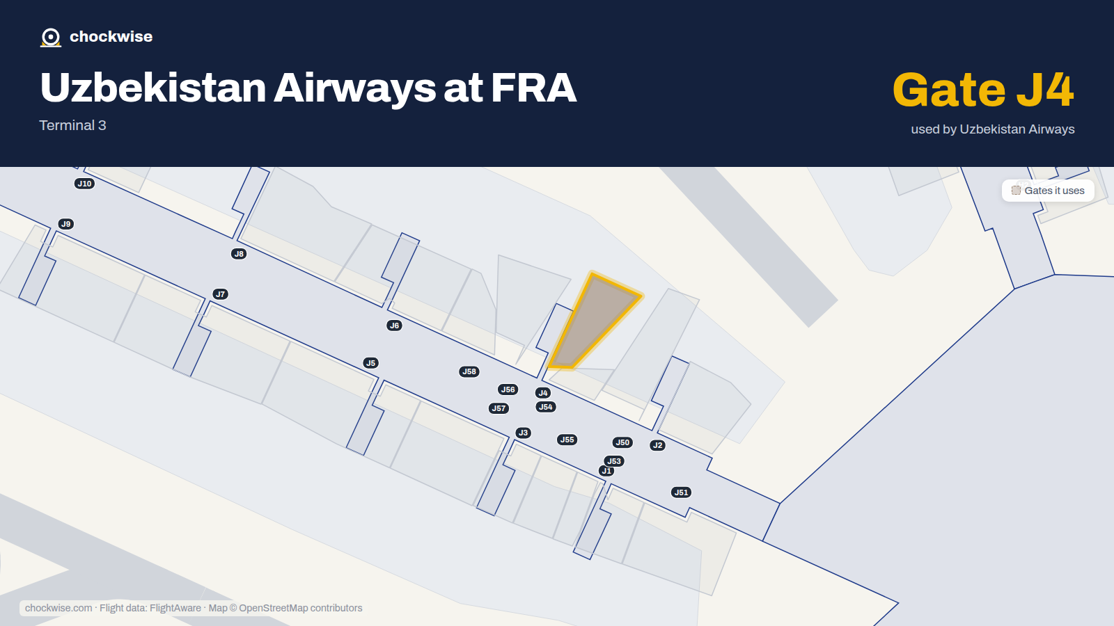 Map of FRA with the gates Uzbekistan Airways uses highlighted: J4.
