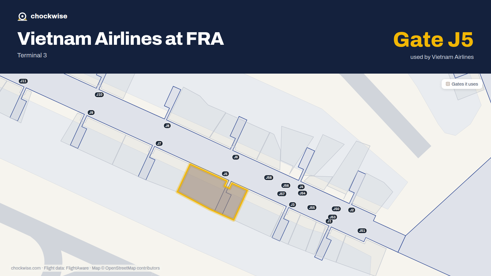 Map of FRA with the gates Vietnam Airlines uses highlighted: J5.