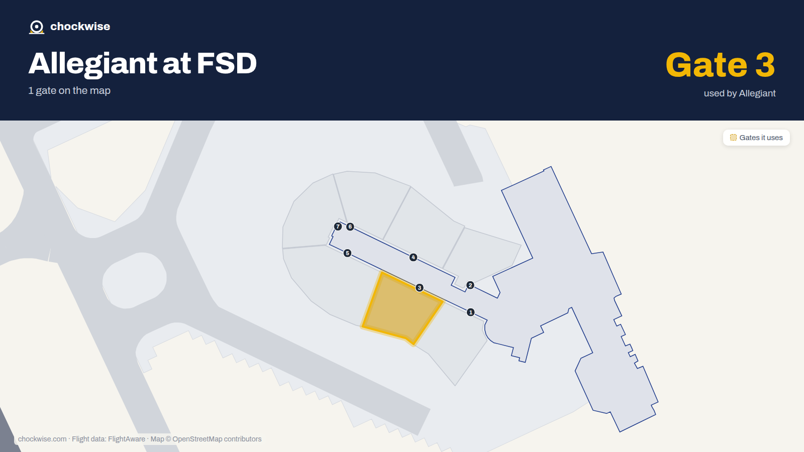 Map of FSD with the gates Allegiant Air uses highlighted: 3.