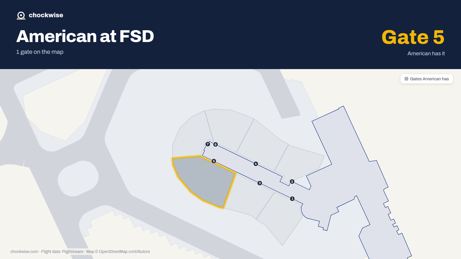 Map of FSD with the gates American Airlines uses highlighted: 5.