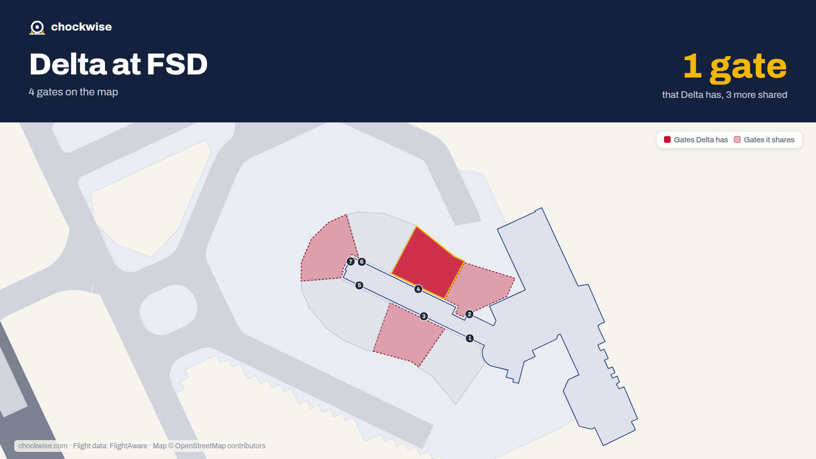 Map of FSD with the gates Delta Air Lines uses highlighted: 4.