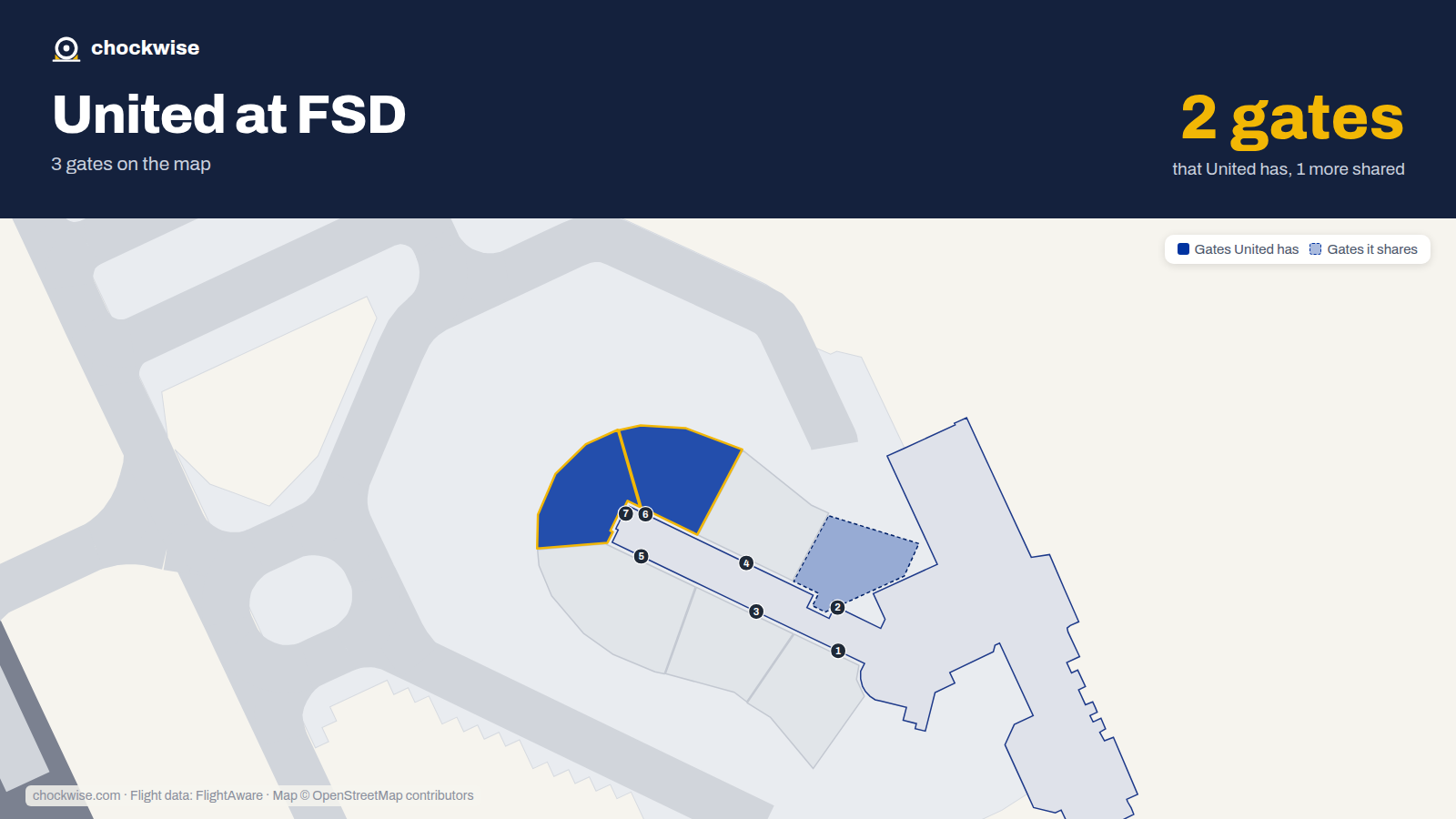 Map of FSD with the gates United Airlines uses highlighted: 6 and 7.