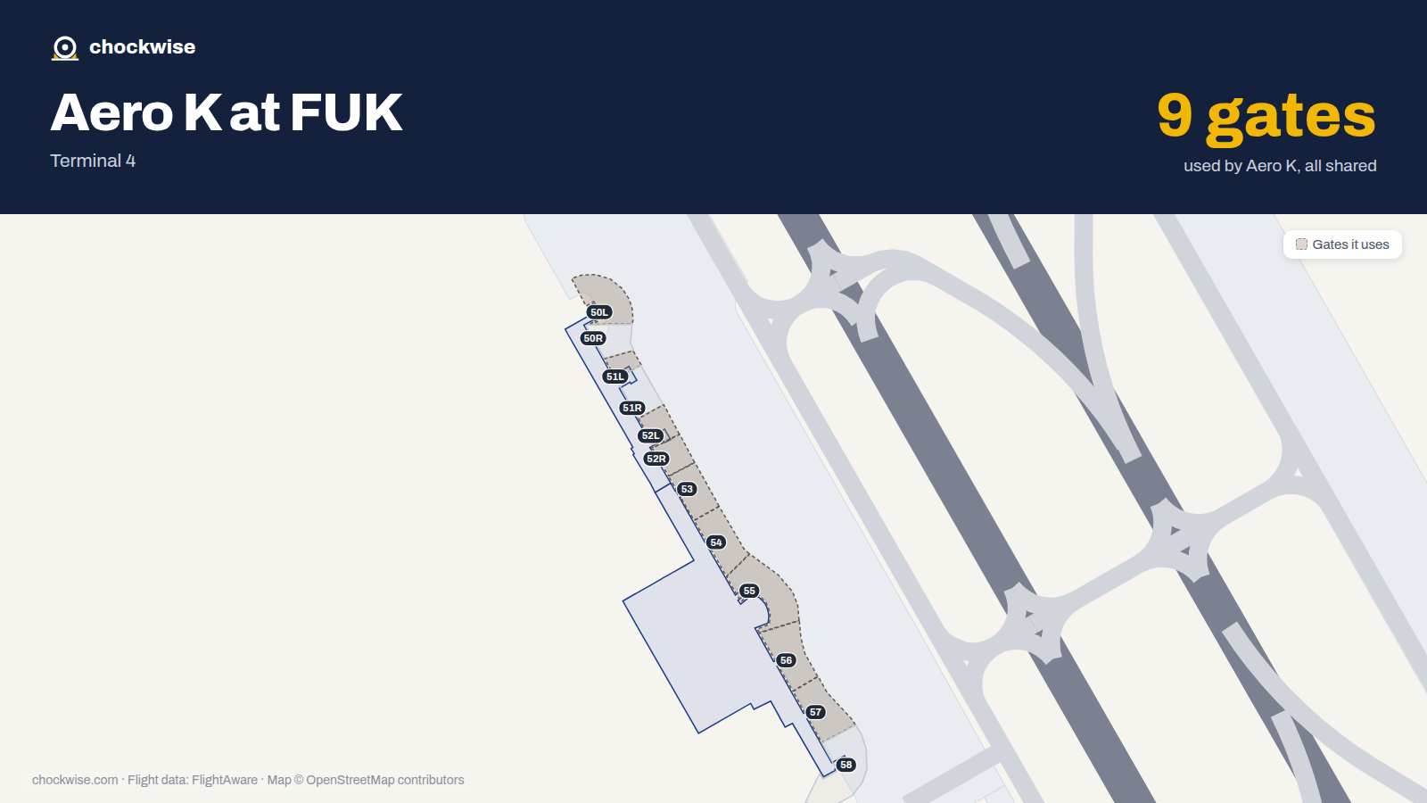 Map of FUK with the gates Aero K uses highlighted: 50L, 51L, 52L, 52R, 53, 54, 55, 56 and 1 more.