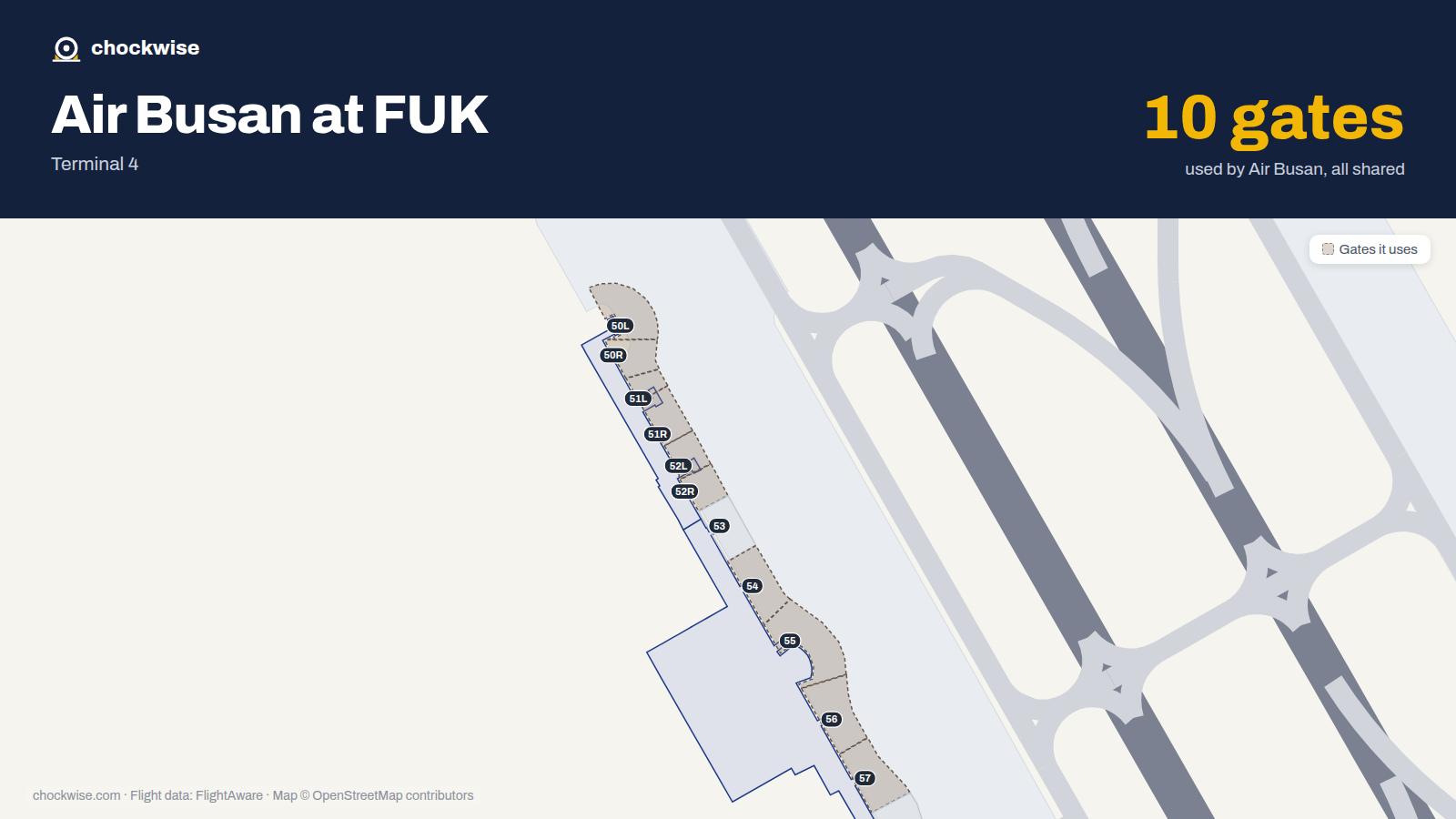 Map of FUK with the gates Air Busan uses highlighted: 50L, 50R, 51L, 51R, 52L, 52R, 54, 55 and 2 more.
