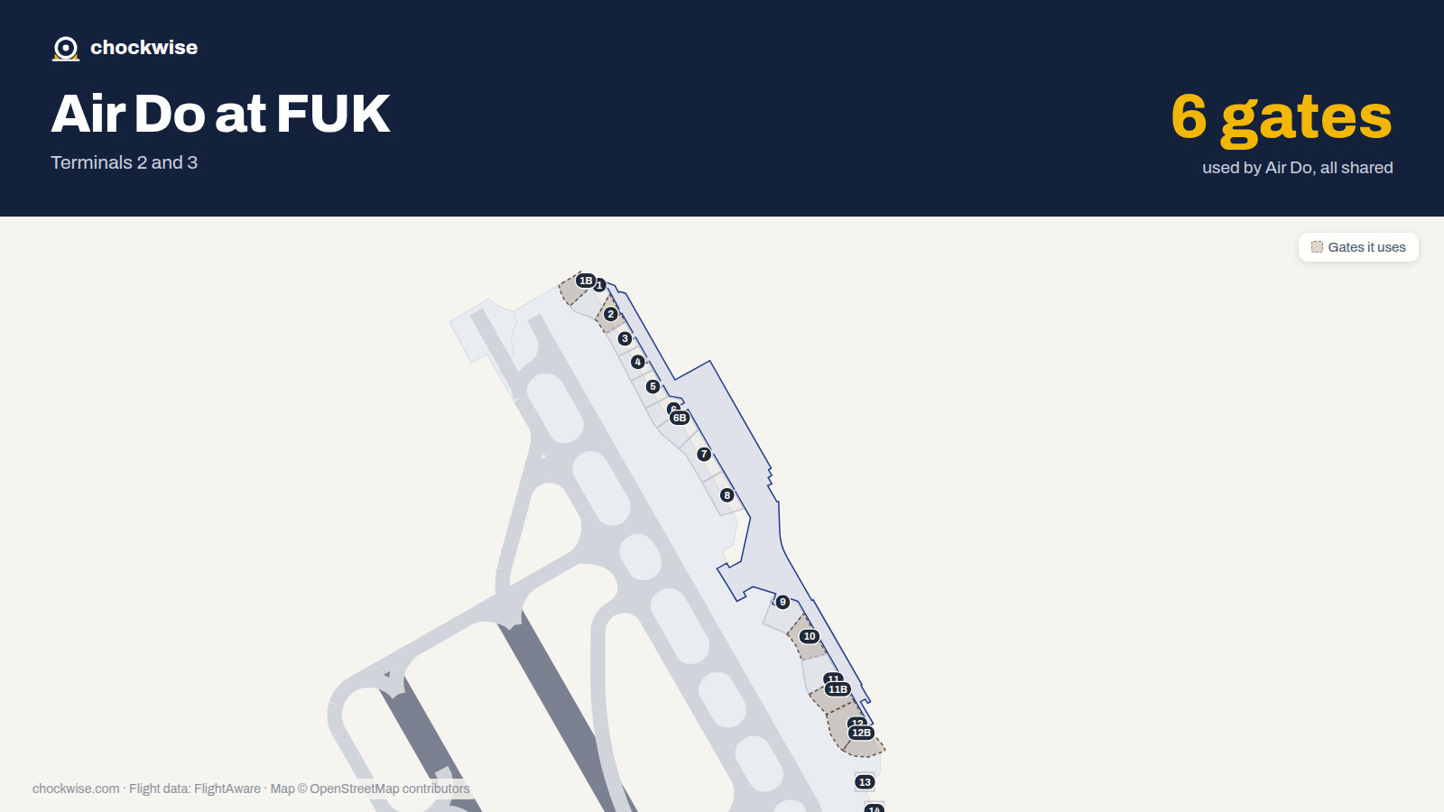 Map of FUK with the gates Air Do uses highlighted: 1B, 2, 10, 11B, 12 and 12B.
