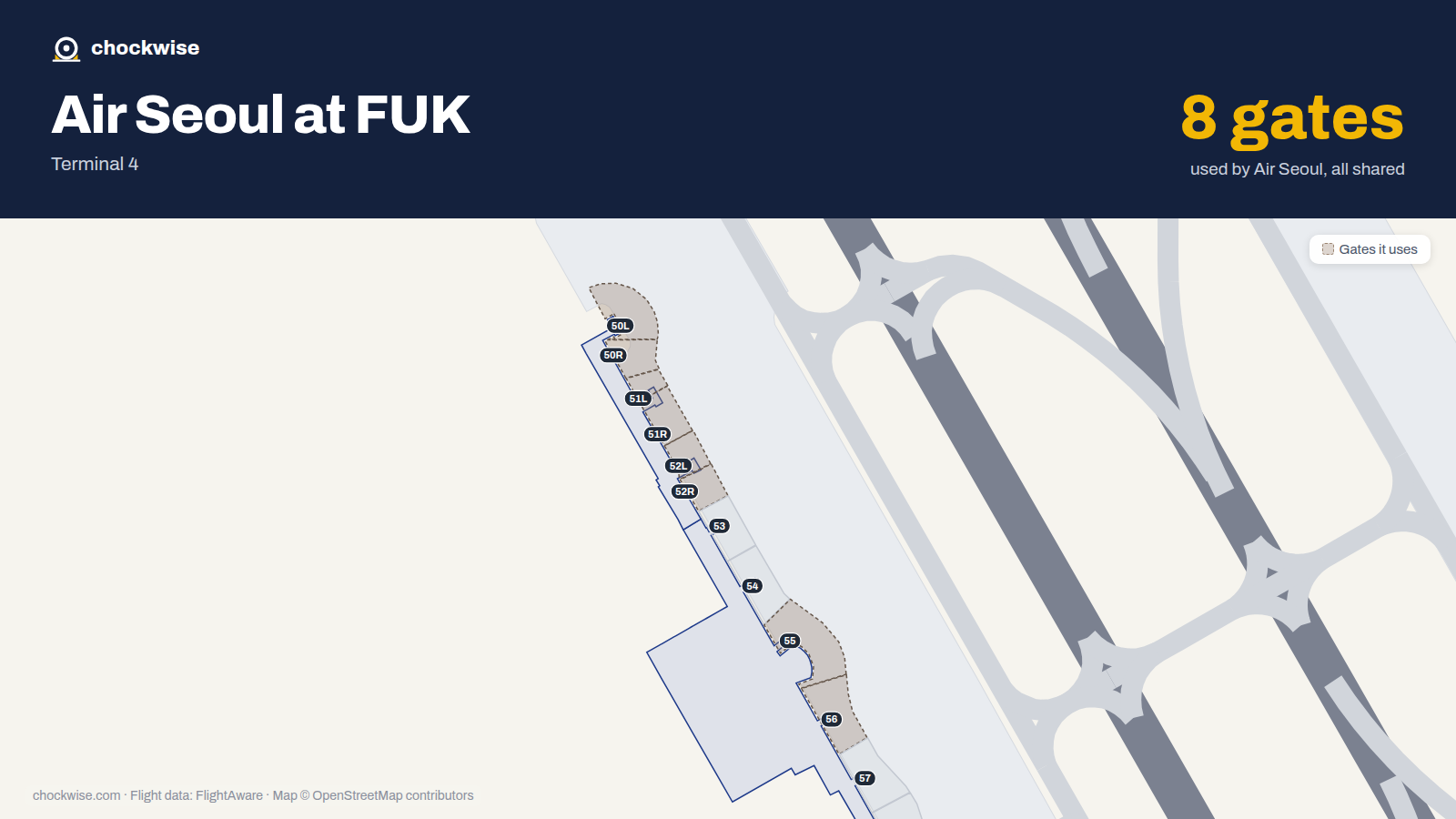 Map of FUK with the gates Air Seoul uses highlighted: 50L, 50R, 51L, 51R, 52L, 52R, 55 and 56.