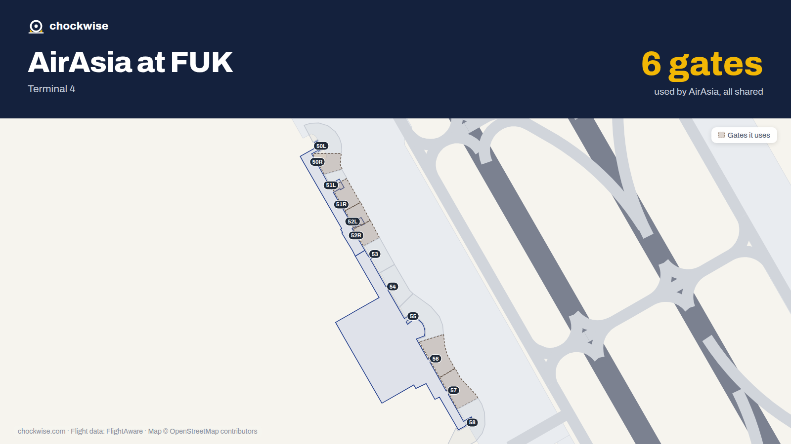 Map of FUK with the gates AirAsia uses highlighted: 50R, 51R, 52L, 52R, 56 and 57.