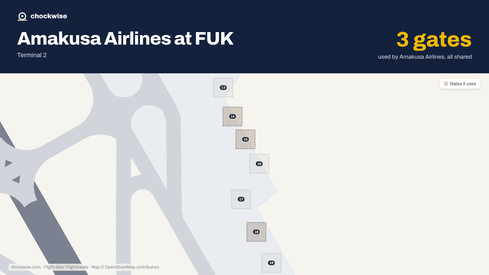 Map of FUK with the gates Amakusa Airlines uses highlighted: 14, 15 and 18.