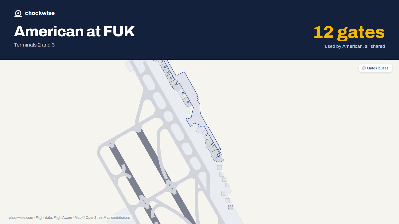 Map of FUK with the gates American Airlines uses highlighted: 1, 3, 4, 5, 6, 6B, 8, 11 and 4 more.