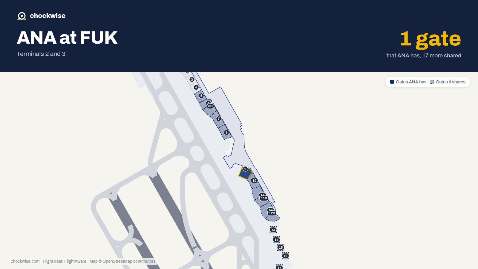 Map of FUK with the gates All Nippon Airways (ANA) uses highlighted: 9.