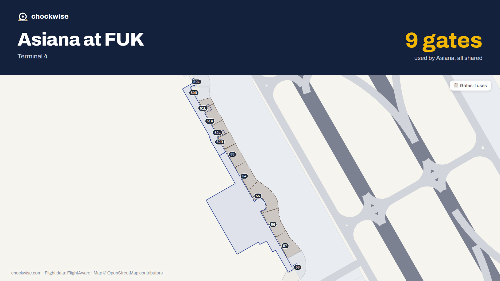 Map of FUK with the gates Asiana Airlines uses highlighted: 51, 51L, 51R, 52L, 52R, 53, 54, 55 and 2 more.