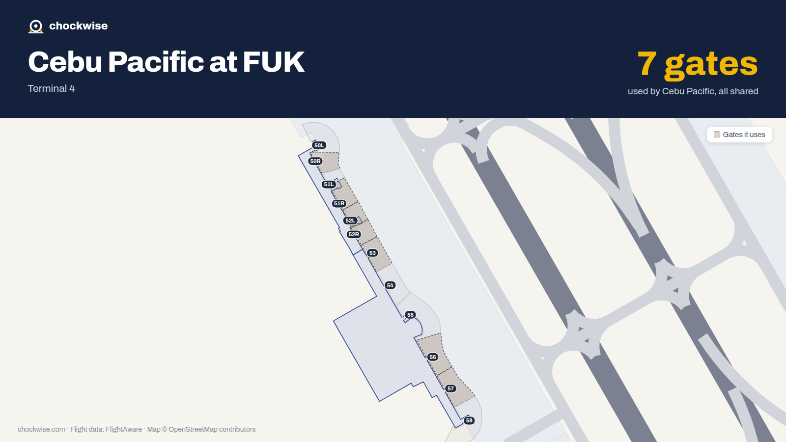 Map of FUK with the gates Cebu Pacific uses highlighted: 50R, 51R, 52L, 52R, 53, 56 and 57.