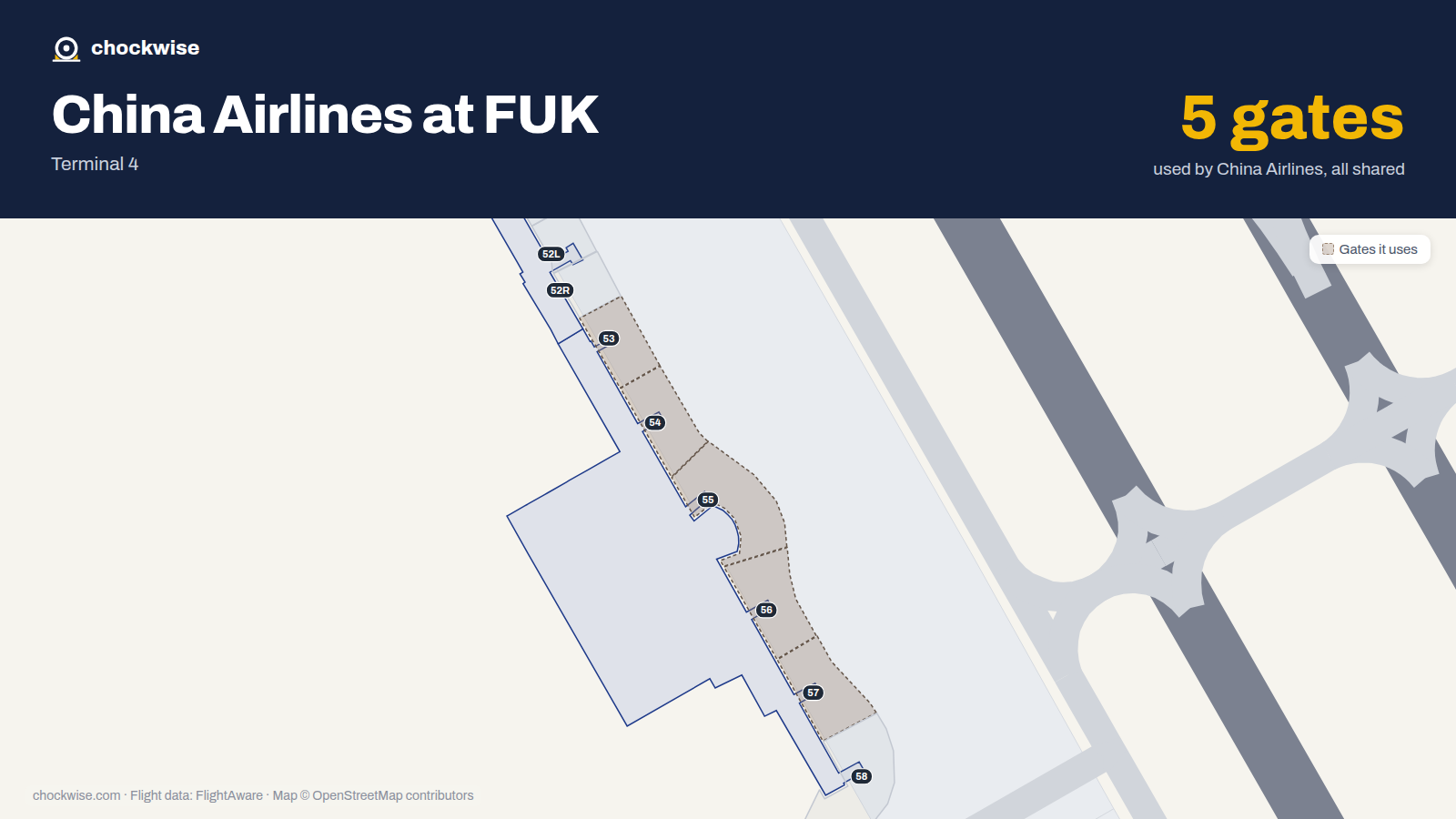 Map of FUK with the gates China Airlines uses highlighted: 53, 54, 55, 56 and 57.