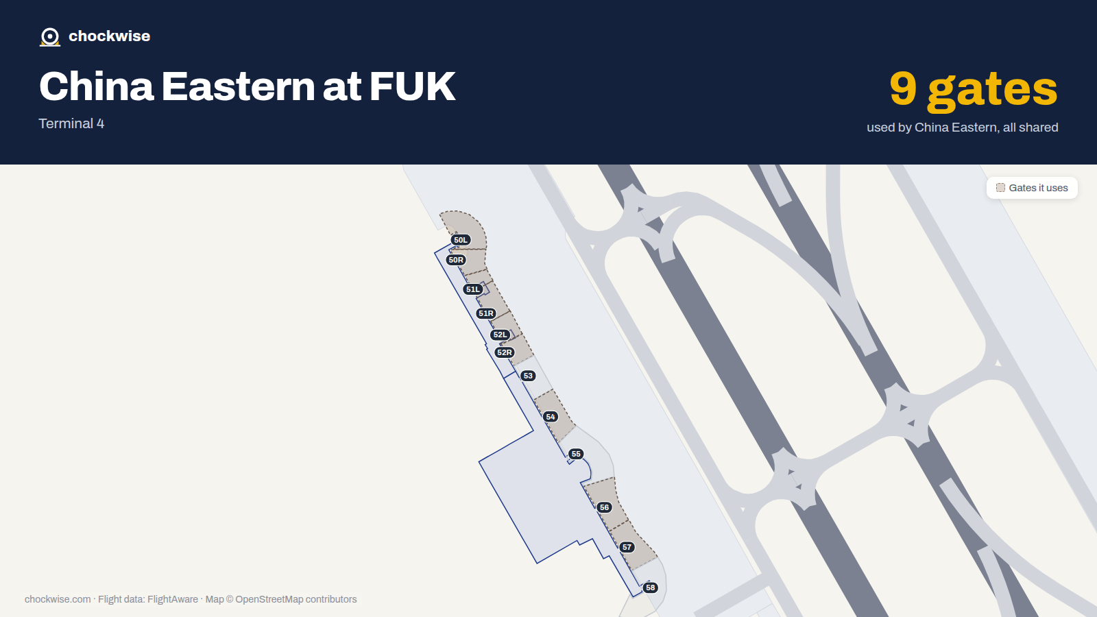 Map of FUK with the gates China Eastern uses highlighted: 50L, 50R, 51L, 51R, 52L, 52R, 54, 56 and 1 more.