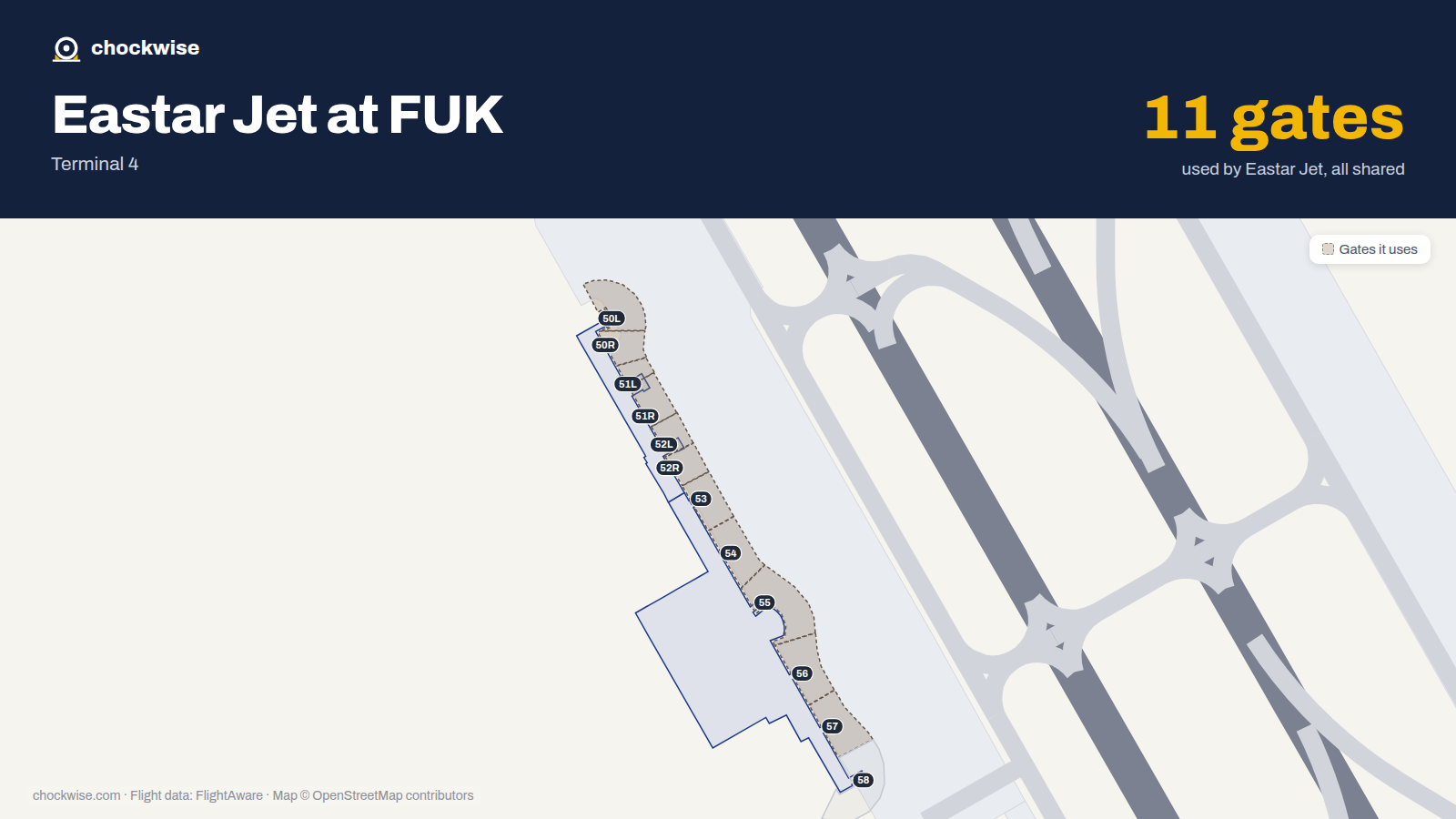 Map of FUK with the gates Eastar Jet uses highlighted: 50L, 50R, 51L, 51R, 52L, 52R, 53, 54 and 3 more.