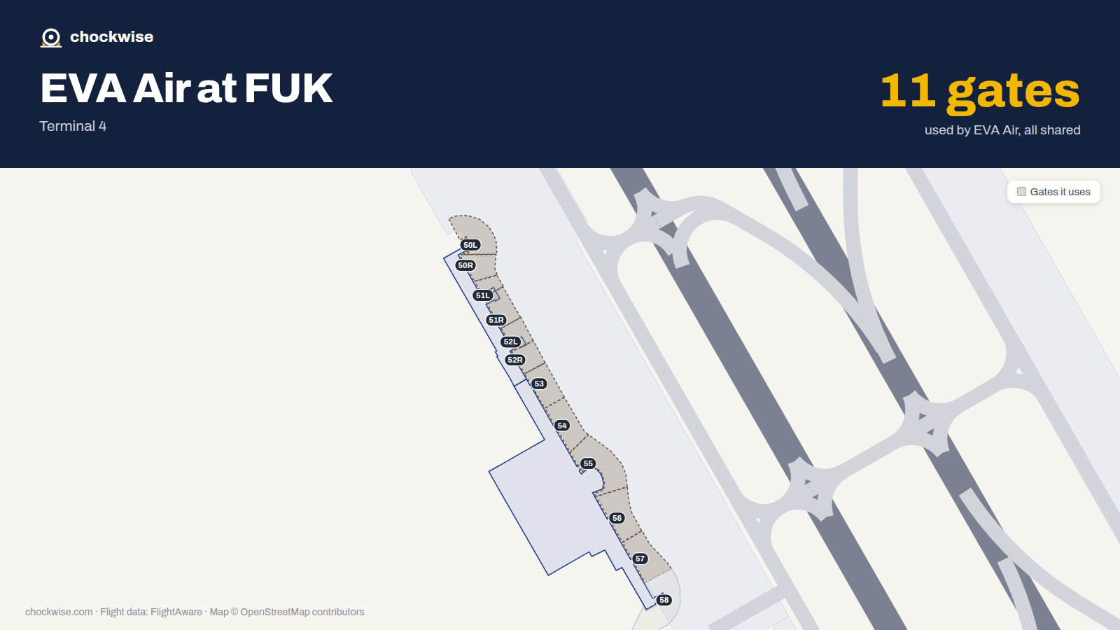 Map of FUK with the gates EVA Air uses highlighted: 50L, 50R, 51L, 51R, 52L, 52R, 53, 54 and 3 more.