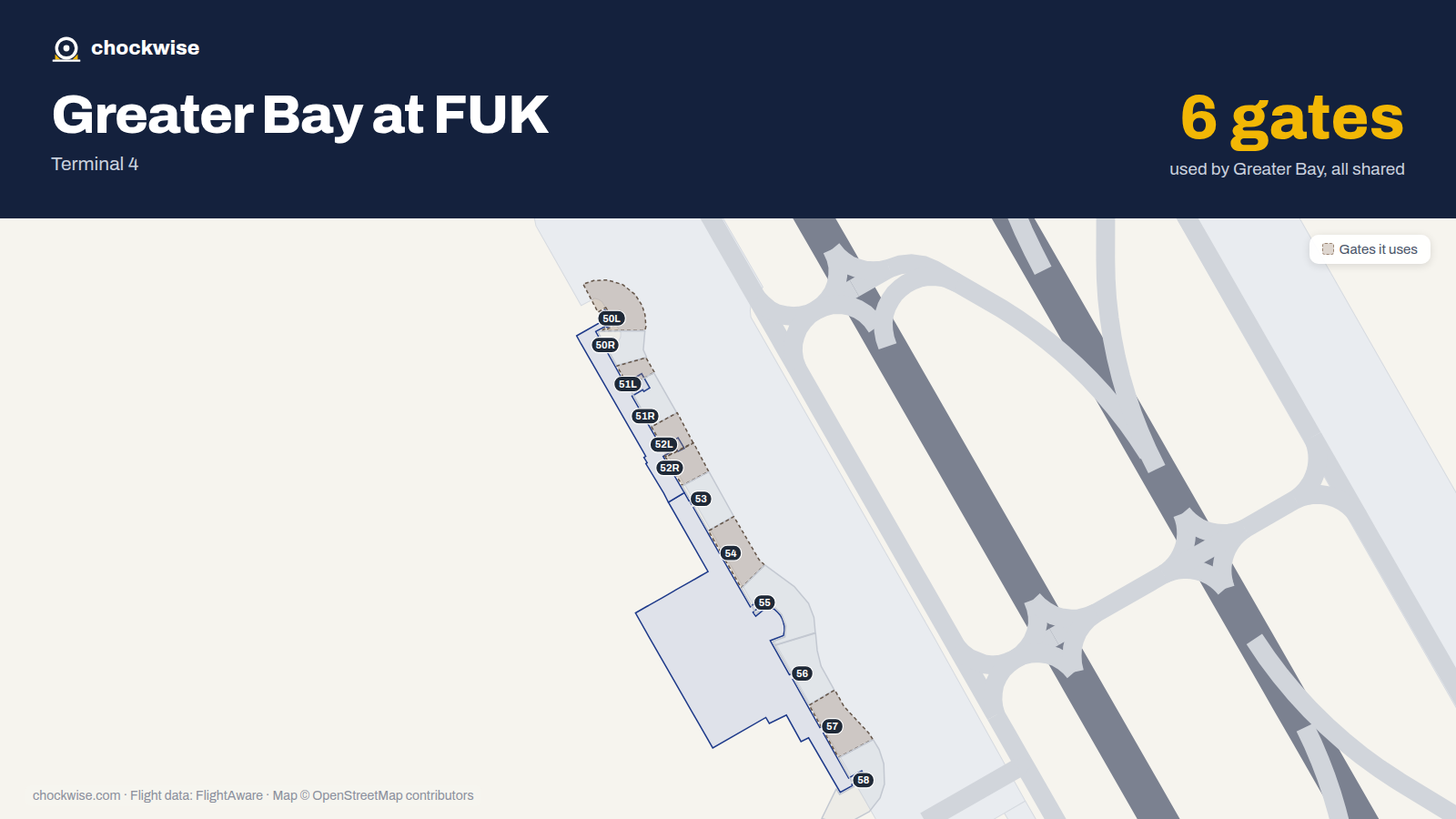 Map of FUK with the gates Greater Bay Airlines uses highlighted: 50L, 51L, 52L, 52R, 54 and 57.